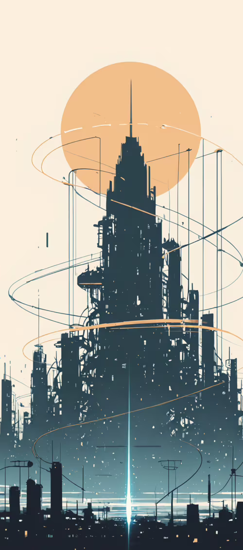 A minimalist sci-fi illustration of a futuristic city in silhouette. A giant, complex...