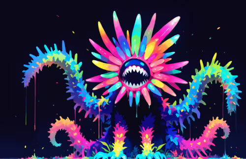 A digital illustration of a monstrous creature with a head resembling a vibrant,... wallpaper