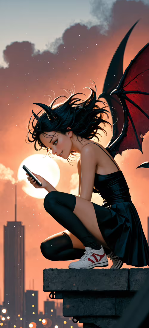 An anime-style illustration of a young woman with black hair, demon horns, and large... free background