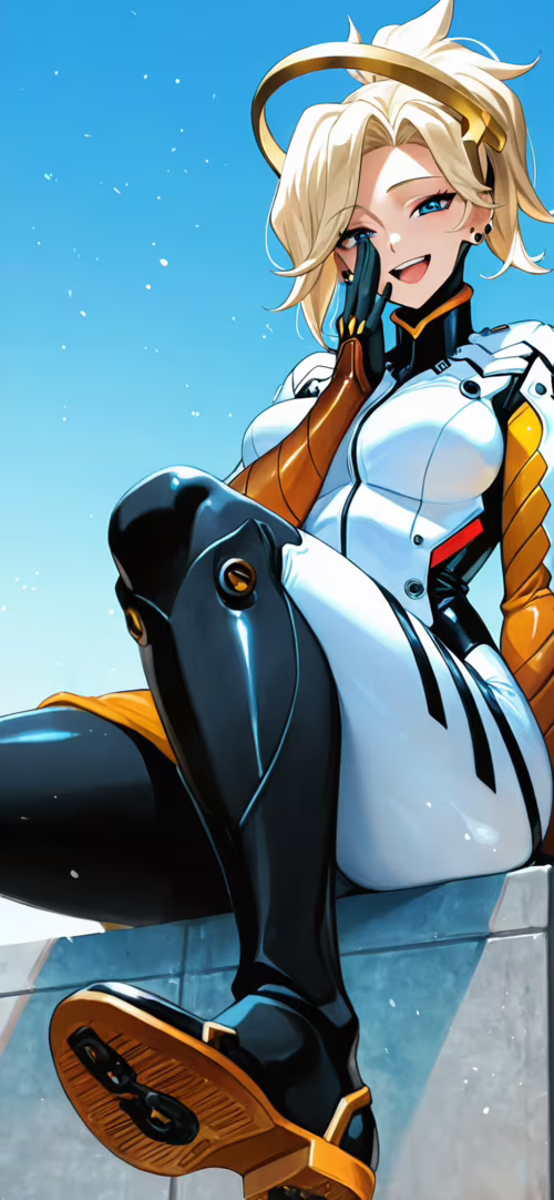 Illustration of Mercy from Overwatch sitting down. She wears a white and orange futuristic... pictures for wallpaper