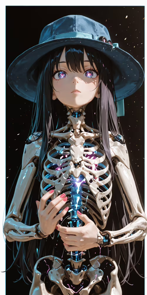 An anime illustration of a woman with long black hair and a witch's hat. Her face...