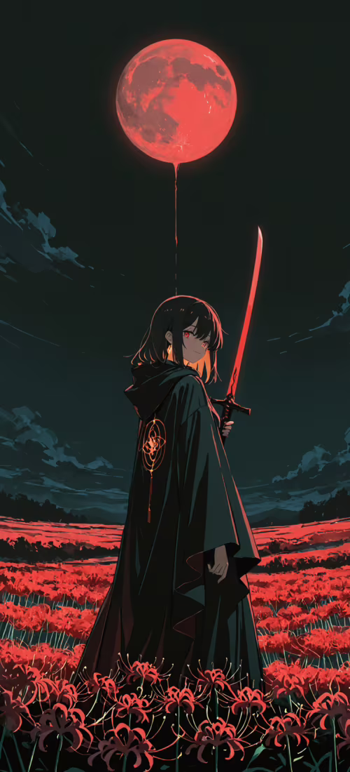 An anime girl with black hair and a black cloak holds a red katana while standing...