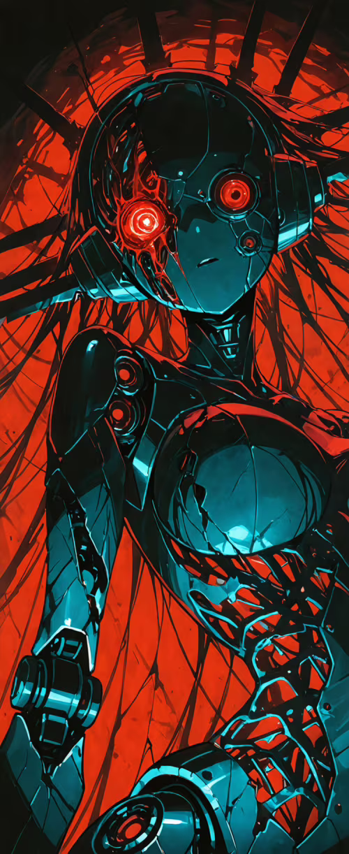 A portrait of a dark, metallic, female-presenting robot in a dimly lit industrial... hand phone wallpaper
