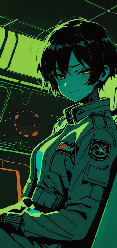 An anime-style illustration of a female cyborg with short dark hair smirking in a... free background images