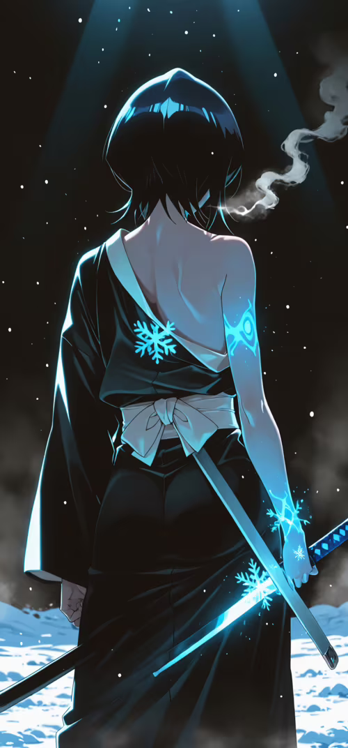 An anime illustration of Rukia Kuchiki from Bleach, seen from the back. She has short...