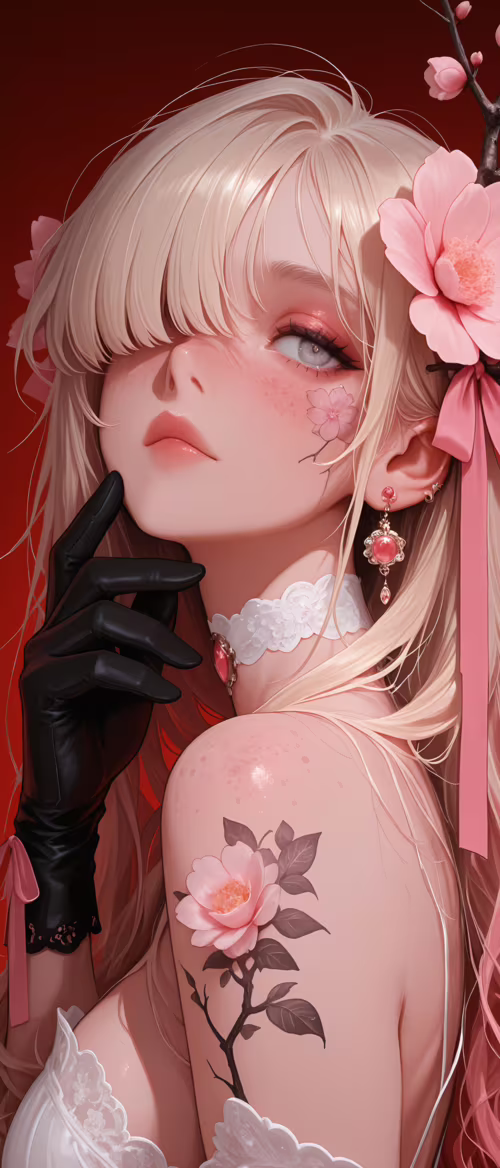 An anime illustration of a girl with long blonde hair and grey eyes against a red...