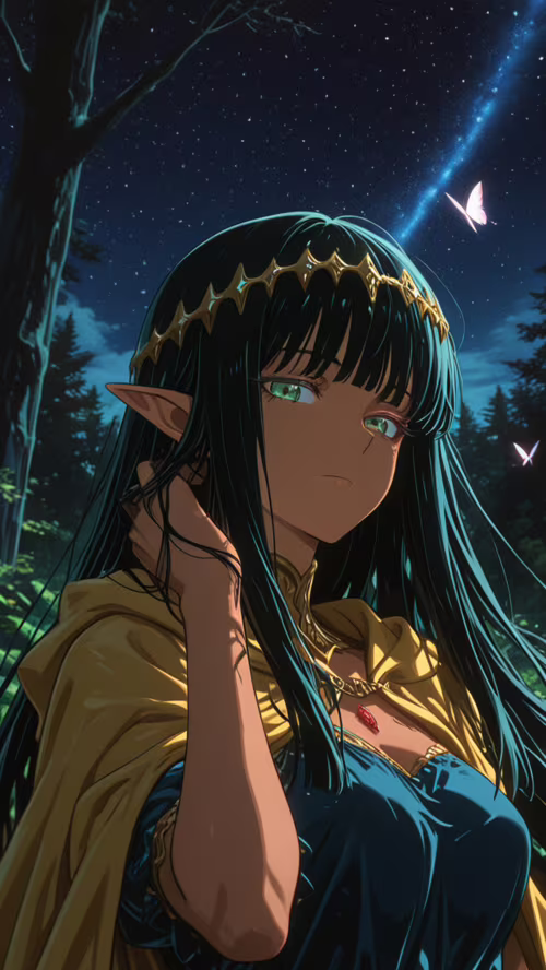 An elegant, dark-skinned elf with long black hair, bright green eyes, and a golden... download free phone wallpaper