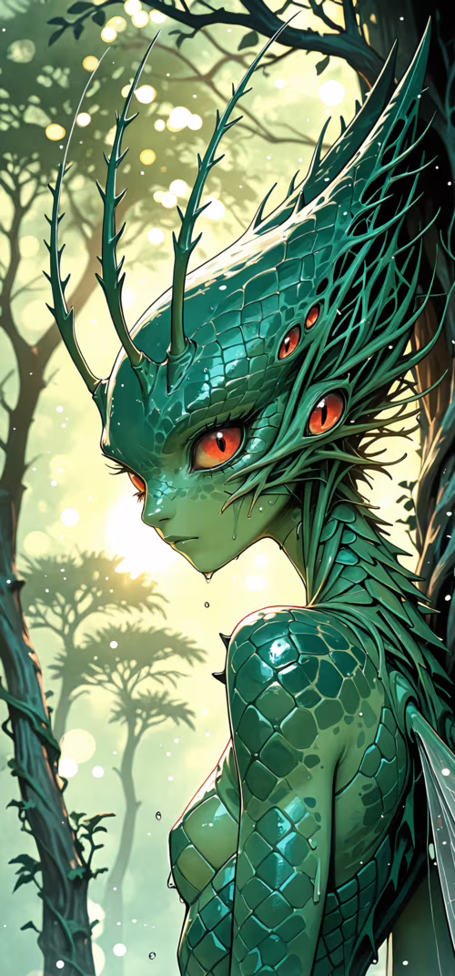 An anime-style illustration of a female fantasy creature in a misty forest. She has...