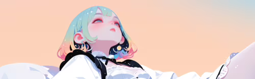 A low-angle digital artwork of an anime-style girl with a white bob haircut and rainbow-colored... free wallpaper