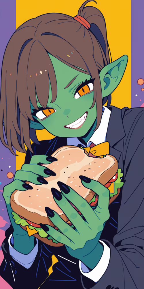 An anime illustration of a goblin girl with green skin and a side ponytail, wearing...
