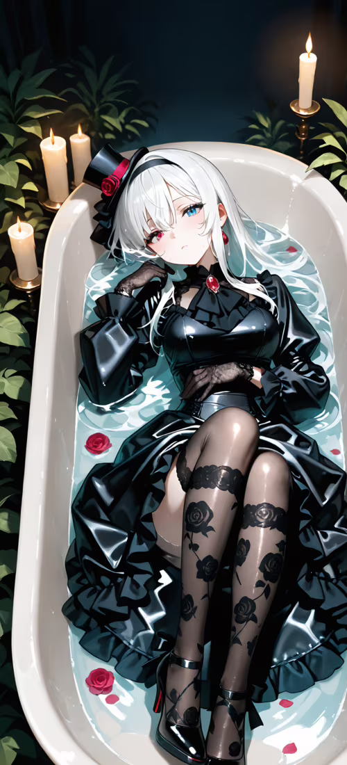 An anime-style girl with white hair and different colored eyes lying in a bathtub... free hd wallpapers