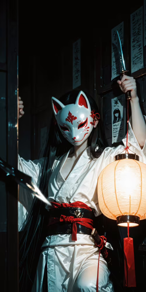 A woman wearing a black and red Japanese fox mask and a white kimono holds a dagger...
