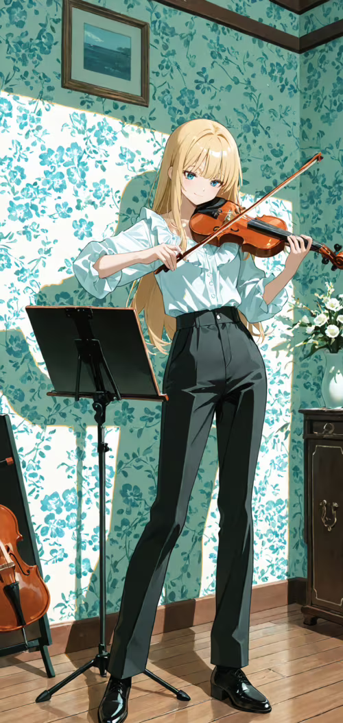 An anime girl with long blonde hair and blue eyes playing the violin in a room with... mobile wallpaper