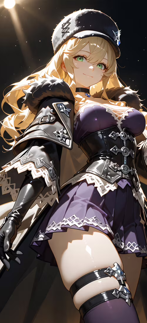 A full-body illustration of Mia Karnstein from Code Vein, a blonde woman with green... free wallpaper