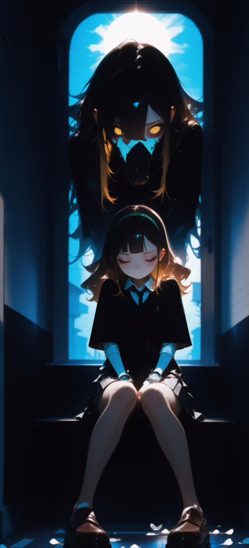 A digital illustration of a small blonde girl in a school uniform sitting on a case... wallpaper photo gallery download