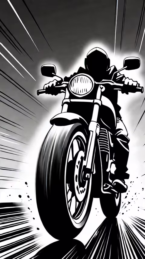 A dynamic, low-angle, black and white illustration of a modern motorcycle moving... mobile wallpaper