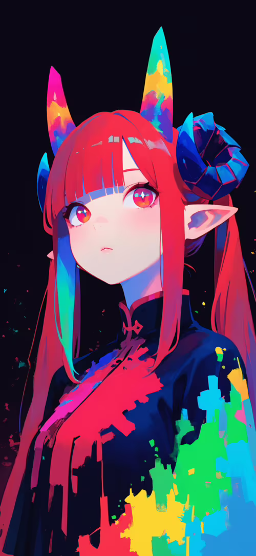 An anime-style illustration of a girl with long red hair, pointed ears, and colorful... mobile wallpaper