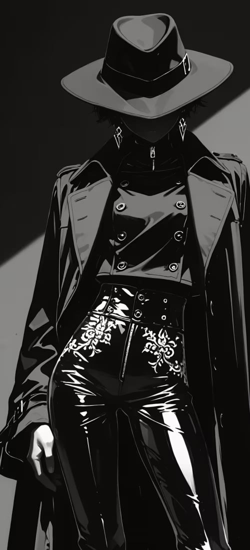 A stylish anime character in a monochrome illustration, wearing a wide-brimmed black... wallpaper images