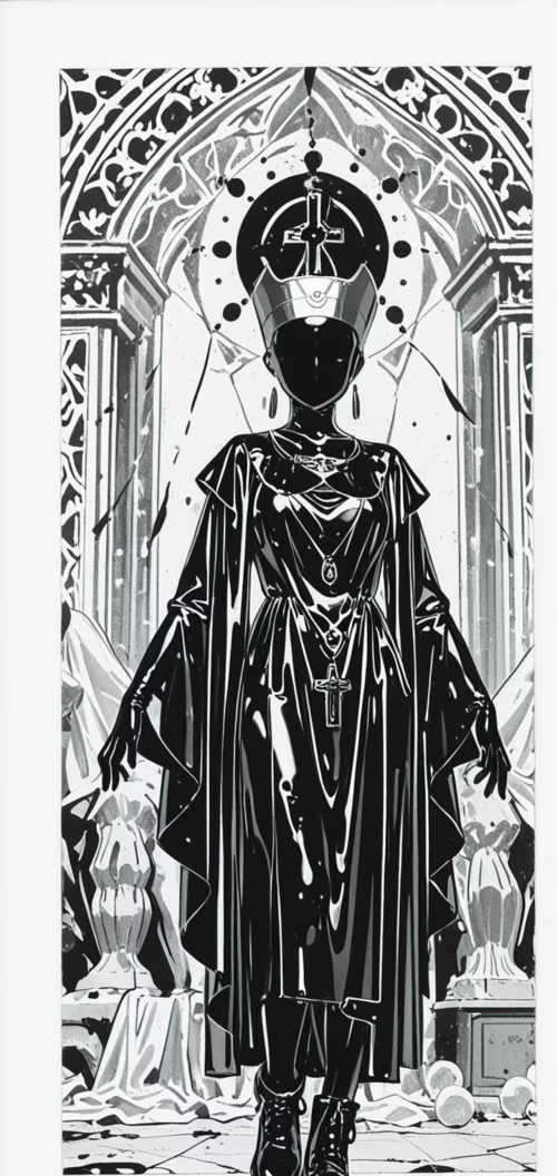 A full-body, black and white manga-style illustration of a figure with glossy black... wallpapers for android