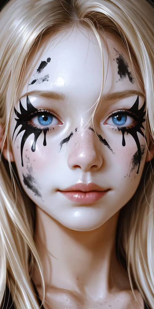 Close-up portrait of a young woman with long platinum blonde hair and striking blue... LG Q7 plus wallpaper