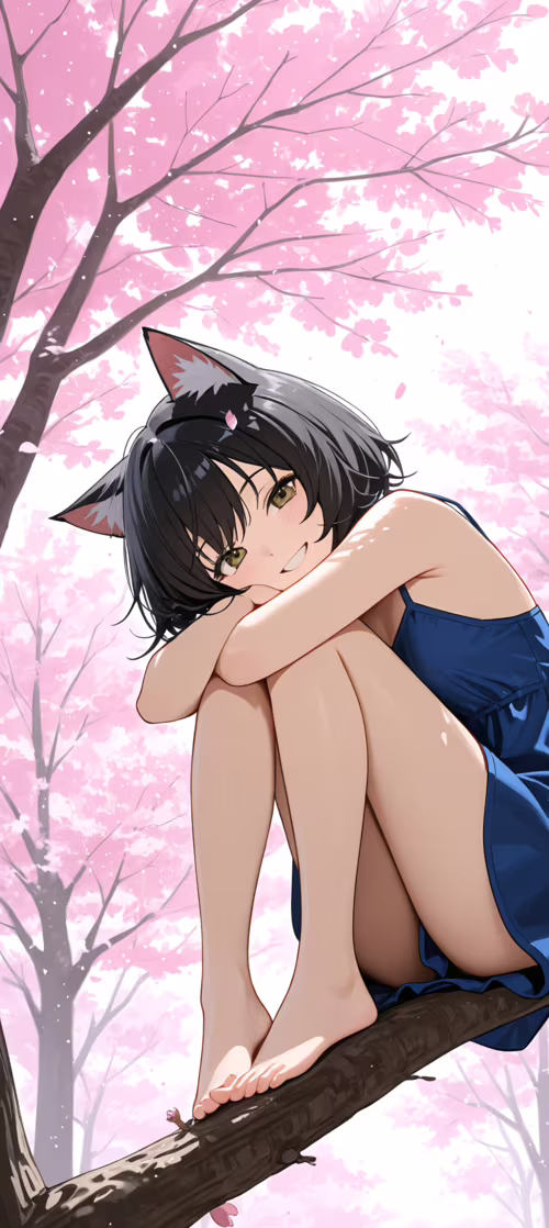 An anime cat girl with black hair and a blue dress sitting on a cherry blossom tree...