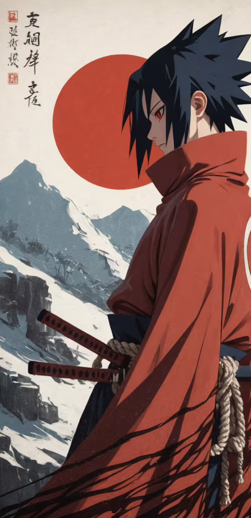 A profile view of Sasuke Uchiha from Naruto standing in a snowy landscape. He wears... high definition wallpaper