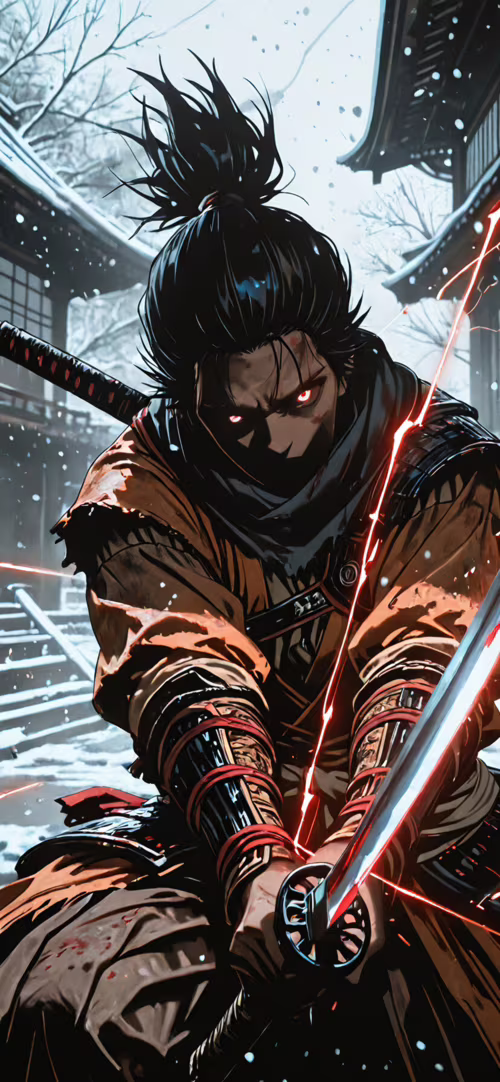 A digital illustration of the video game character Wolf from Sekiro in a dynamic... mobile wallpaper