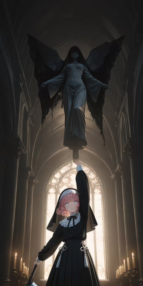 A young anime girl with short pink hair and blue eyes, dressed as a nun in a black... LG Q7 plus free background