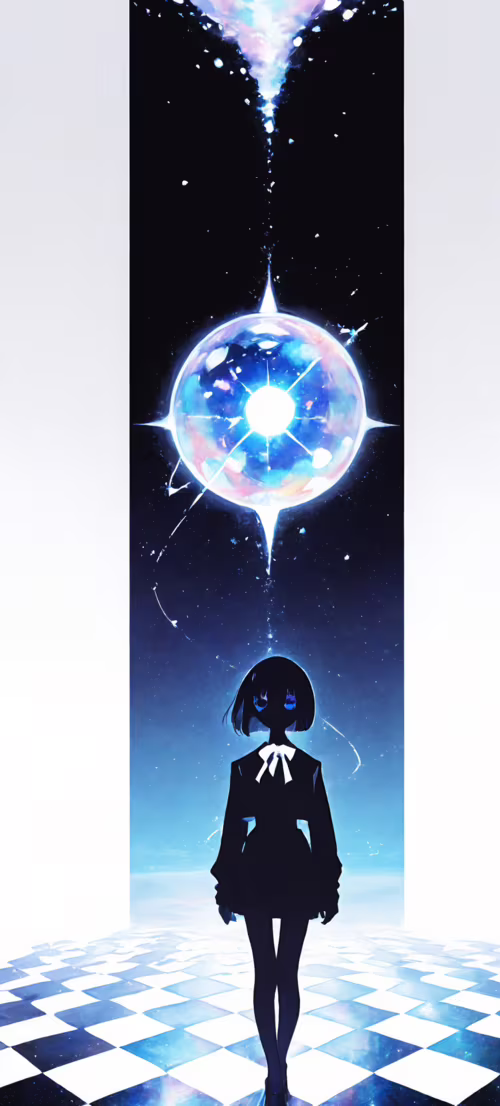 An anime girl with short light-blue hair in a school uniform stands on a glowing...
