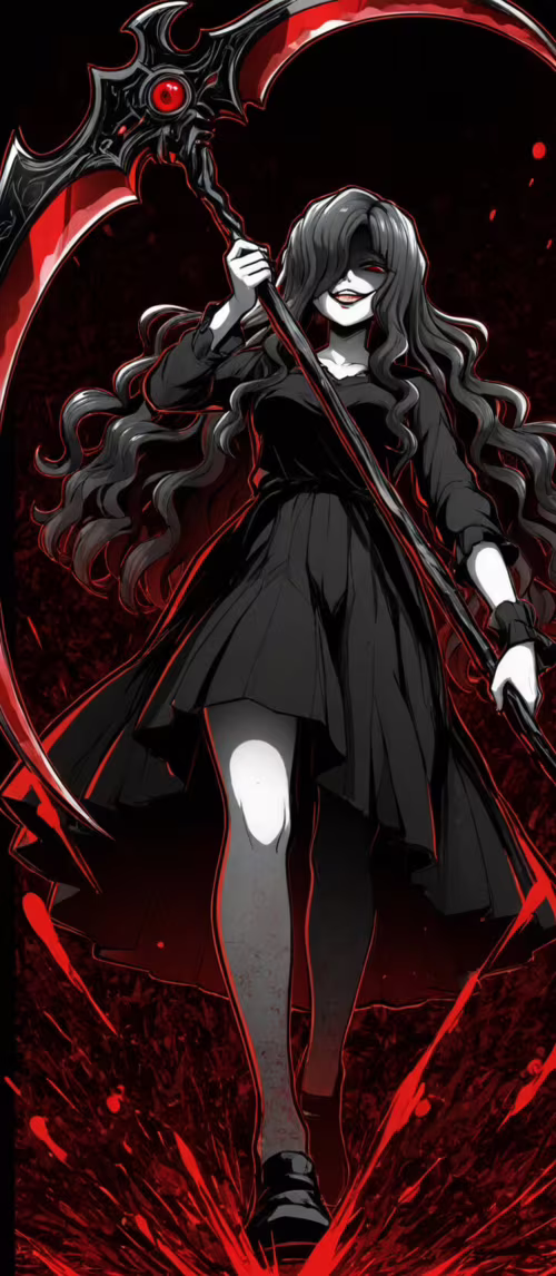 A full-body illustration of a menacing anime-style woman in a black dress, holding...