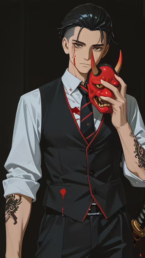 An anime-style illustration of a handsome man in a black vest and tie, with blood... wallpaper
