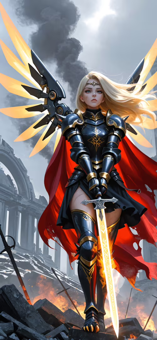 A full-body portrait of a blonde female knight in ornate black and gold armor with... wallpaper download