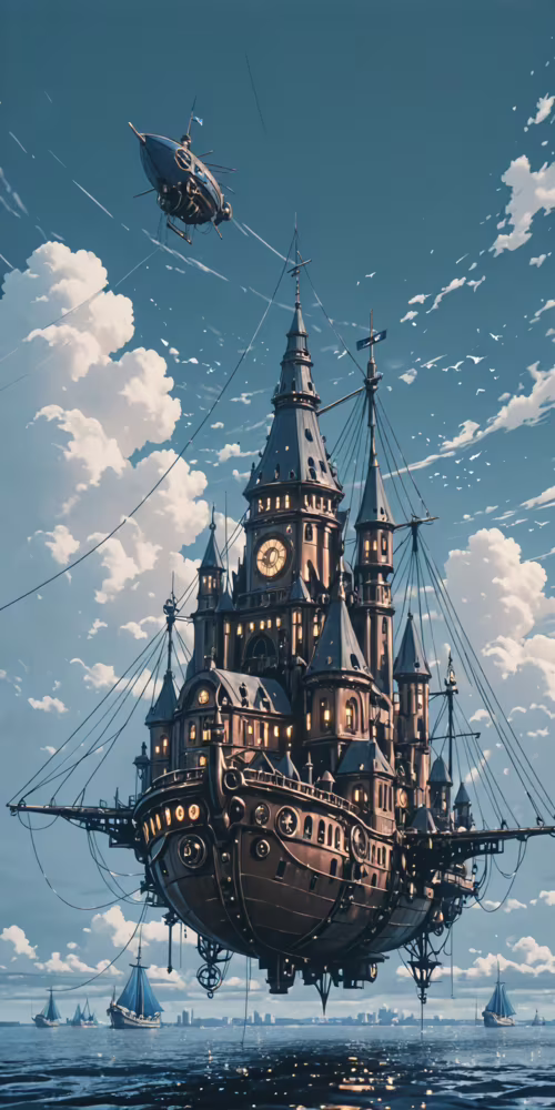A magnificent blue and gold steampunk airship, resembling an old galleon, floats... Fairphone 3 plus Plus hd background