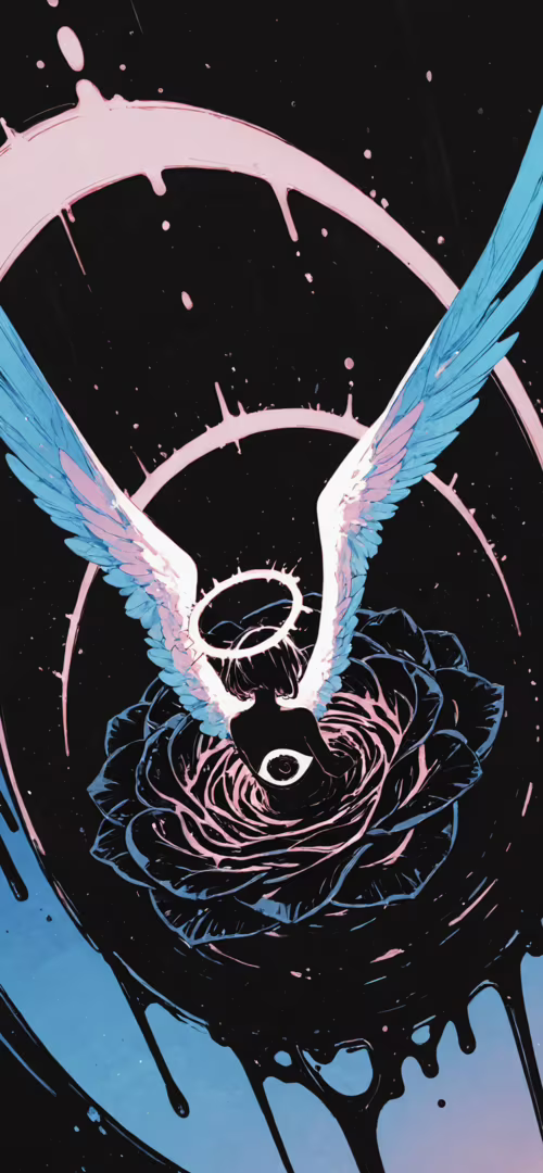 An anime-style angel with short black hair, a white halo, and pink and blue wings... wallpaper download