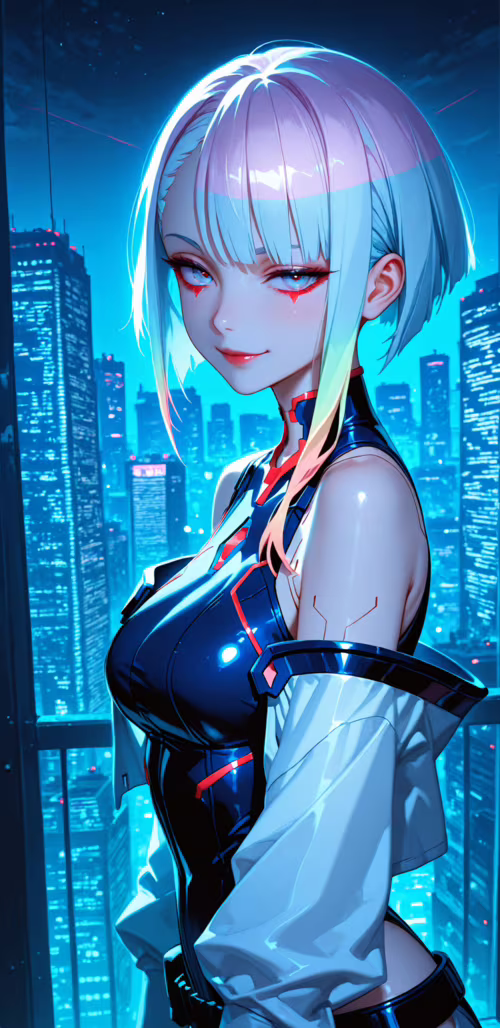An anime-style illustration of Lucy from Cyberpunk: Edgerunners, a young woman with... free wallpaper
