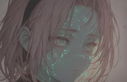 An artistic portrait of Sakura Haruno from Naruto with pink hair and glowing green... wallpaper images