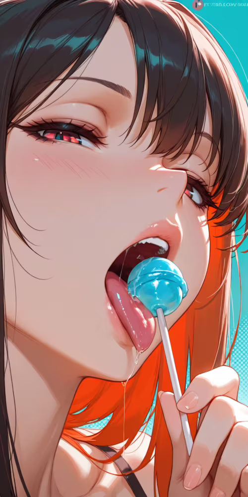 Close-up of an anime-style girl with black hair and blue eyes, mouth open and tongue... download free phone wallpaper