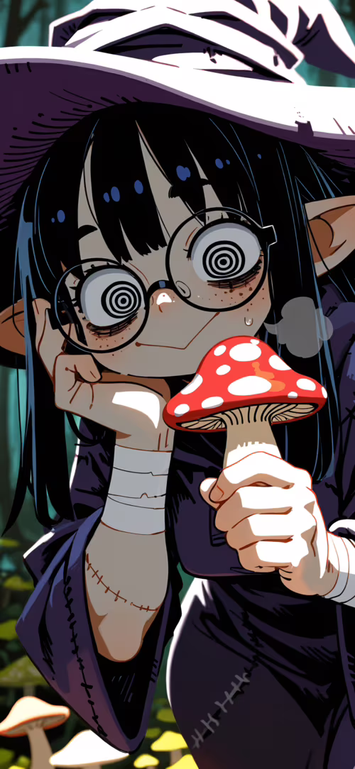 An anime-style illustration of a young witch with pointy ears, black hair, and large... free hd wallpapers