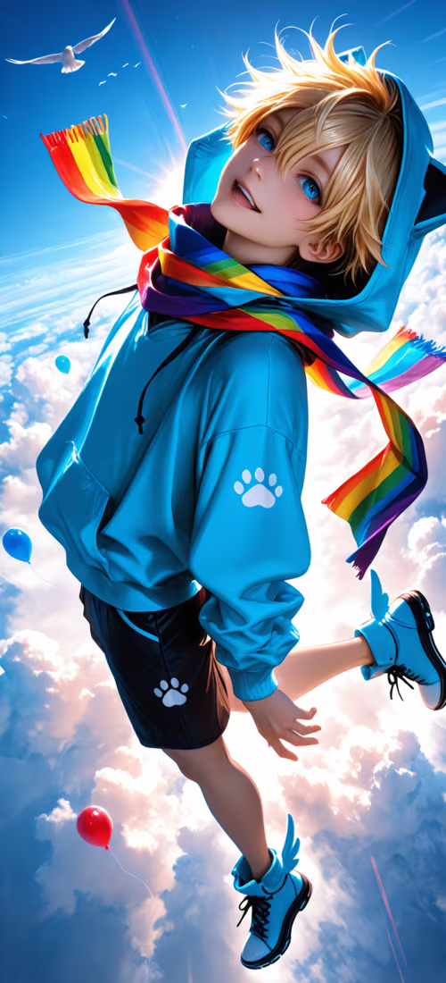 An anime boy with blonde hair and blue eyes in a blue cat-eared hoodie and rainbow... free hd wallpapers