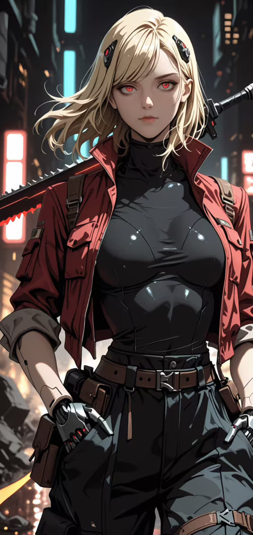 An anime-style illustration of a young woman with blonde hair, red eyes, and cybernetic... Nokia 6 dot 2 wallpaper photo gallery download