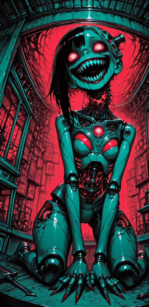 A pale female robot with a wide, toothy grin and manic eyes kneels on the floor of... download free phone wallpaper
