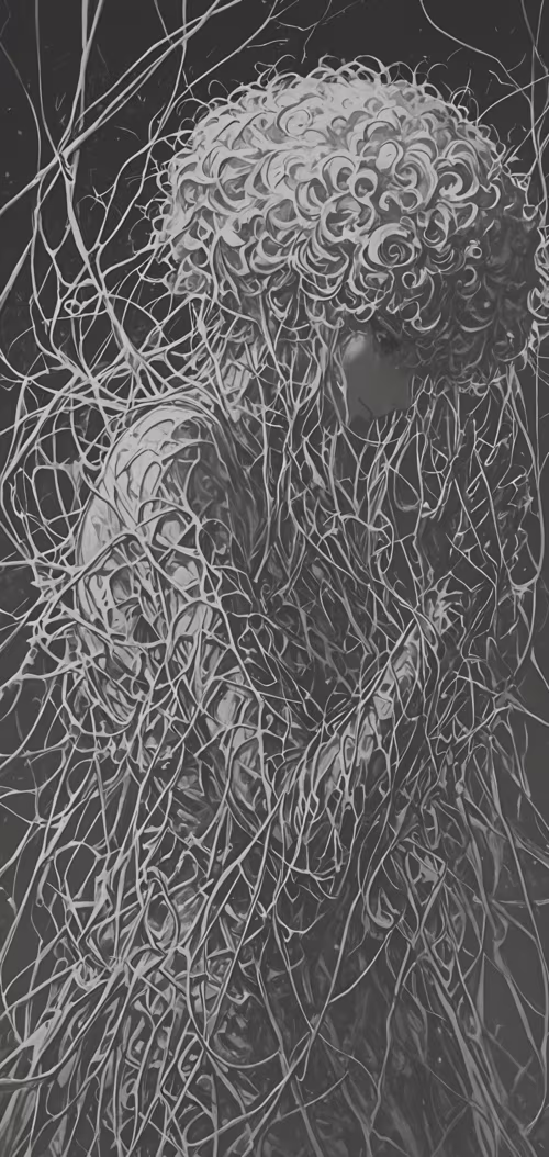 A black and white, highly detailed illustration of a woman in profile. She has large,...