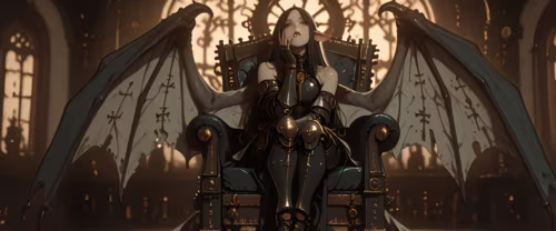 A white-haired elf with large, dark dragon wings sits thoughtfully in an ornate chair.... wallpaper download