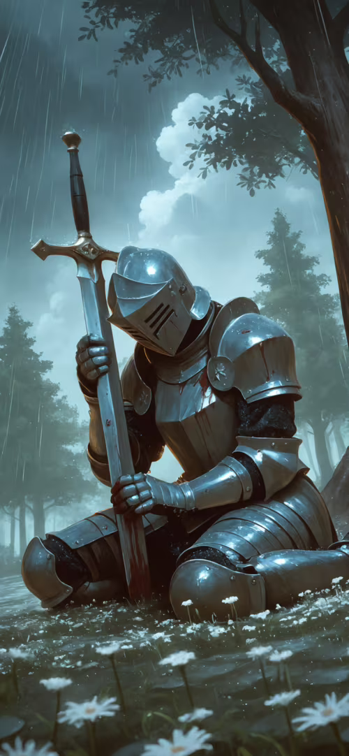 A fallen knight in full metal armor lies on the ground in a rainy forest clearing,... free wallpaper