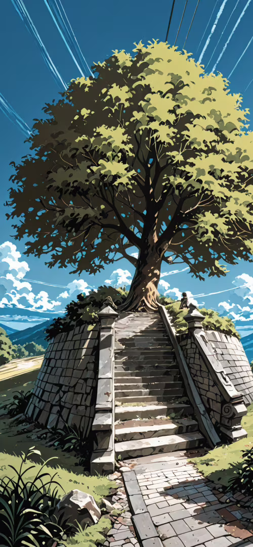 A low-angle view of a young person in a dark uniform standing on stone steps before... Apple iPhone 13 high definition wallpaper