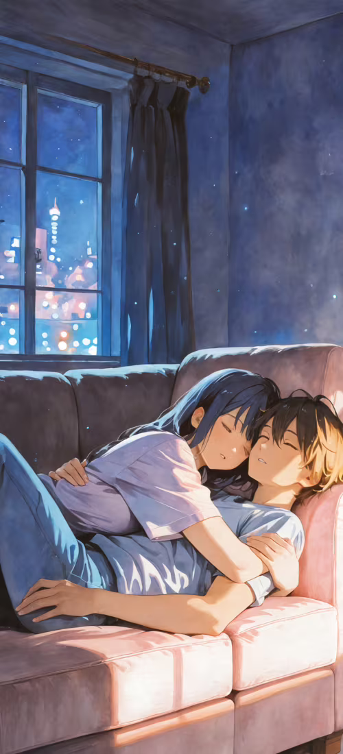 An anime-style illustration of a young man and woman cuddling on a blue couch at... OnePlus 12R wallpapers for android