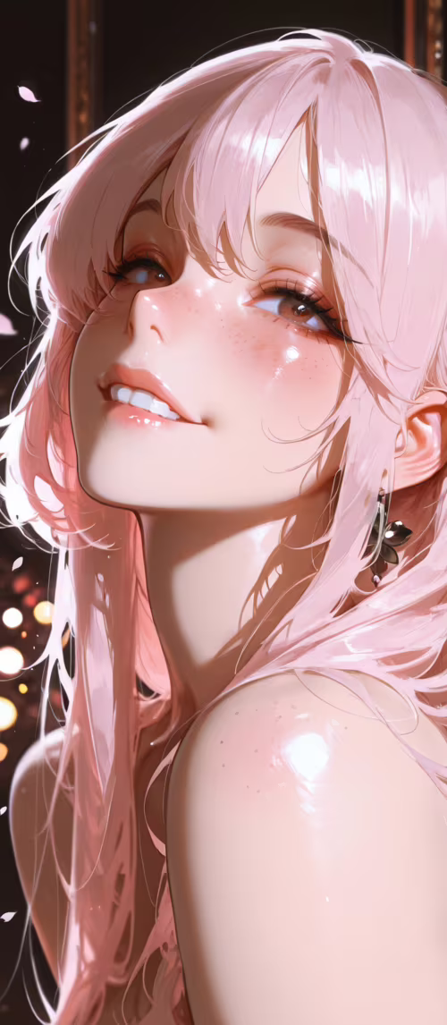 Digital illustration of Neopolitan from RWBY, a young woman with half-pink and half-brown...