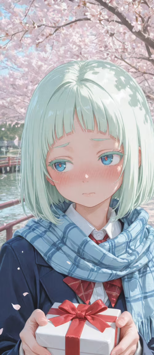An anime-style girl with light green hair and a blue scarf shyly holds a red gift...