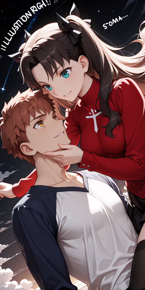 An anime illustration of Tohsaka Rin and Emiya Shirou from Fate/stay night sharing... hand phone wallpaper