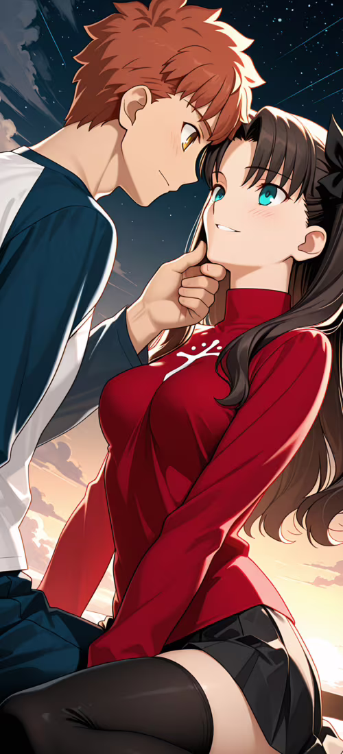 An anime illustration of Rin Tohsaka and Shirou Emiya from Fate/stay night sharing... wallpaper images